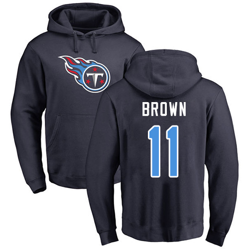Tennessee Titans Men Navy Blue A.J. Brown Name and Number Logo NFL Football #11 Pullover Hoodie Sweatshirts